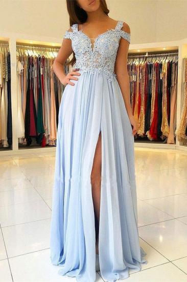 Elegant Off-the-shoulder Low Back Prom dresses with Sexy High Split | Ligh Sky blue Evening Gowns with Lace appliques
