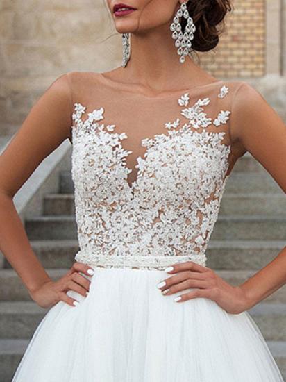 Beautiful Appliques Sleeveless Tulle White A-Line Wedding Dresses Long_3