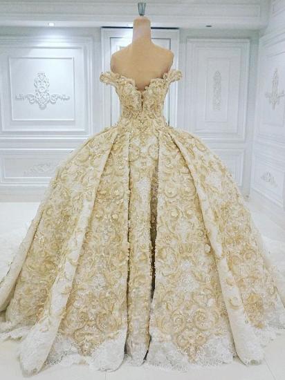 Off-the-shoulder Golden Lace Appliques Formal Ball Gown Wedding Dress