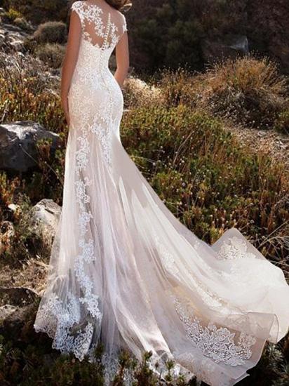 Glamouröses Meerjungfrauen-Hochzeitskleid Jewel Lace Tüll Ärmellose Brautkleider mit Kapellenschleppe_2