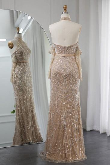 Luxus Neckholder Pailletten Perlen Meerjungfrau Abendkleider Champagner Langes Partykleid für Hochzeit_2