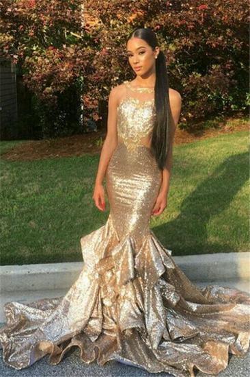 Gold Sequin Mermaid Prom Dresses 2022 Sleeveless Ruffles Evening Gowns