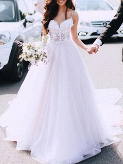 Sexy See-Through A-Line Wedding Dress Spaghetti Strap Lace Tulle Sleeveless Country Bridal Gowns Sweep Train