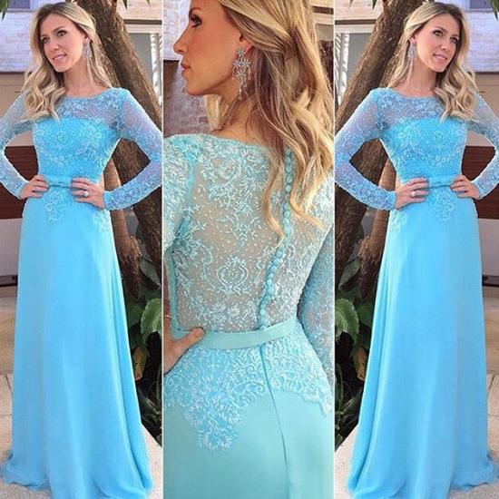 Blue Scoop Long Sleeve Evening Gowns Elegant Chiffon Lace Prom Dresses_3