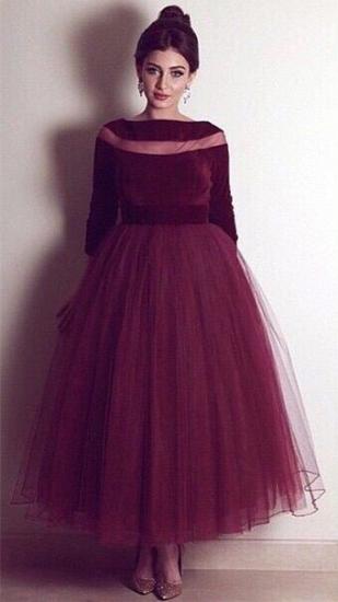 Burgundy Tulle Ankle Length 2022 Prom Dress Bateau Velvet Long Sleeve Evening Dress_1