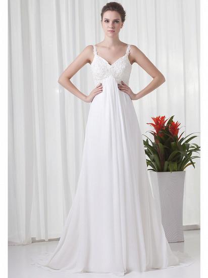 A-Line Wedding Dress V-Neck Chiffon Satin Spaghetti Strap Bridal Gowns Court Train