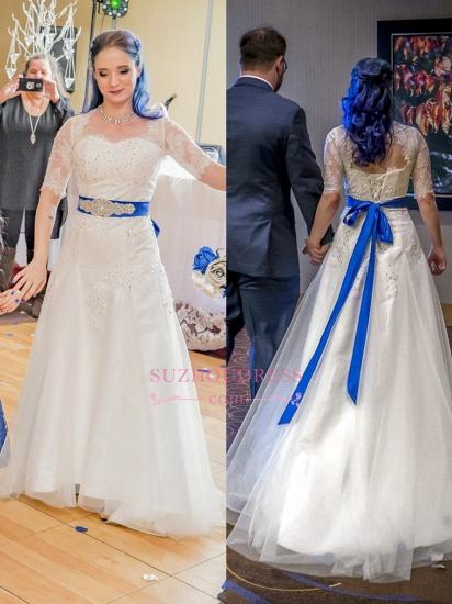 Elegant Sashes Beaded Half-Sleeves Crystal A-Line Scoop Lace-Applique Wedding Dresses_2
