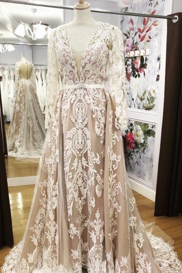 Elegant Long sleeve V-neck Champange Wedding Dress with Belt_1