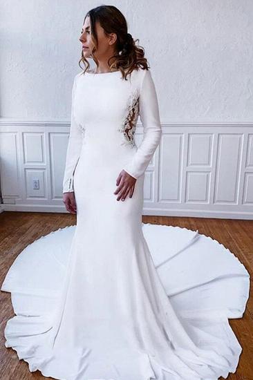 Elegante Langarm Bateau White Hochzeitsempfang Kleid Bodenlanges Brautkleid_1