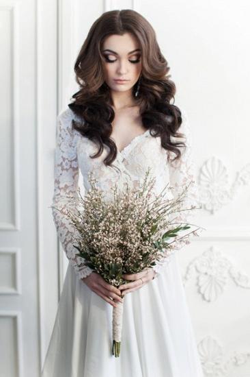 Vintage Long Sleeve White Lace Bridal Gown V-Neck Long Sweep Train Plus Size Wedding Dress_1