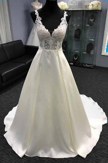 V-neck White A-line Lace appliques Princess Wedding Dress