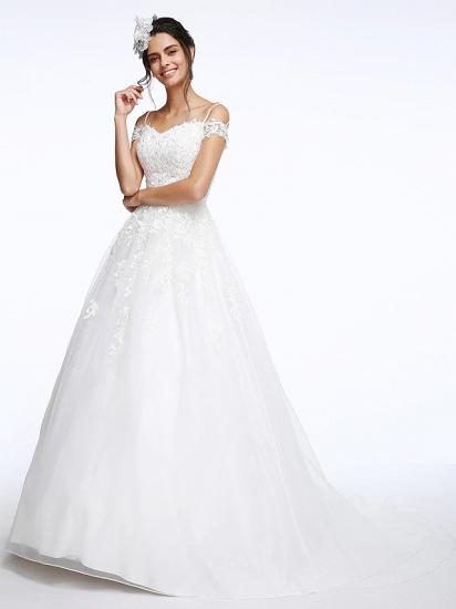 Ball Gown Wedding Dress Off Shoulder Organza Beaded Lace Short Sleeve Bridal Gowns with Court Train_5