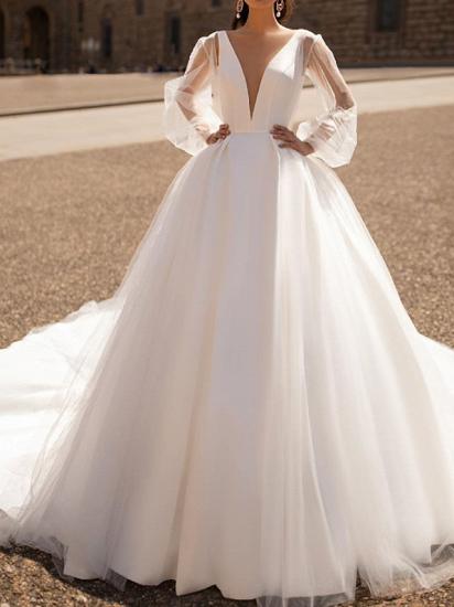 Illusion A-Line Wedding Dress Plunging Neck Tulle Chiffon Long Sleeve Formal Plus Size Bridal Gowns Court Train