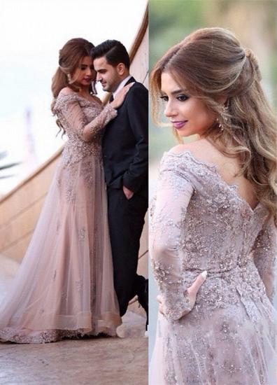 Elegant Off The Shoulder Lace Appliques Long Sleeve A-line Zipper Sweep Train Sexy Evening Gown_1