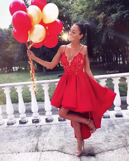 Cute Red High-low A-line Lace V-neck Homecoming Dress_3