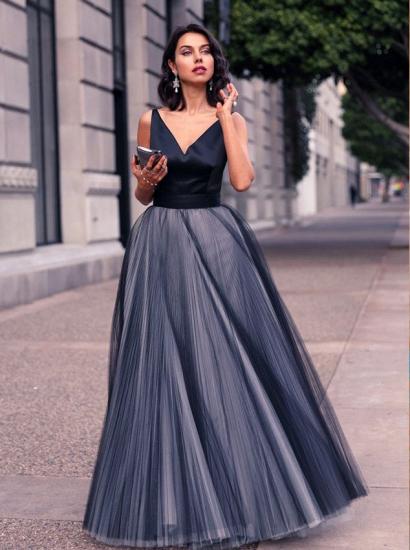 Simple V-Neck Floor Length Prom Dress A-Line Tulle Bowknot Formal Occasion Dresses