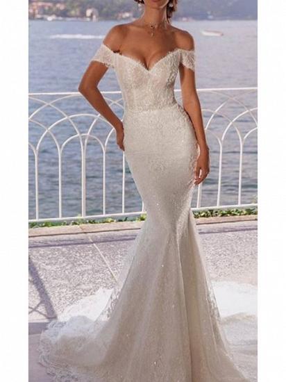 Elegant Mermaid Wedding Dress Off Shoulder Lace Short Sleeves Bridal Gowns with Court Train_1