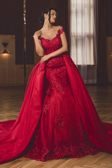 Charming Red Off Shoulder Lace Appliques Mermaid Prom Gown with Detachable Sweep Train