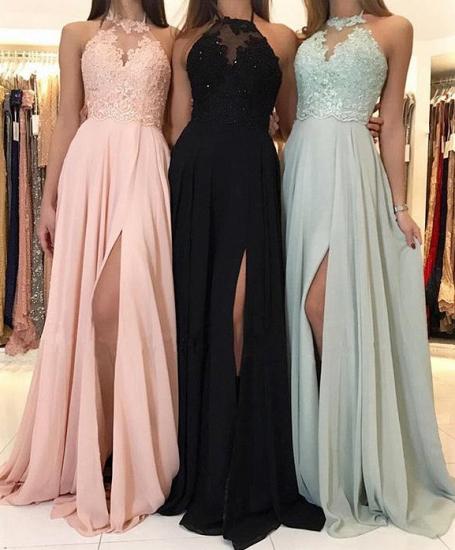Elegant Lace A-Line Sleeveless Evening Dresses | 2022 Side Slit Chiffon Long Evening Gowns