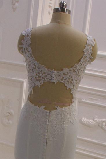 Elegant Sleeveless Lace V-neck Column White Court Train Wedding Dress_4