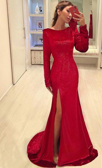 Red Sequins Sexy Side Slit Evening Dresses | Long Sleeve Cheap Prom Dresses 2022