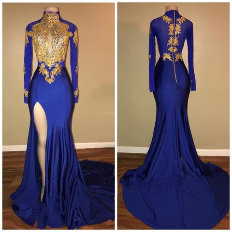 Royal Blue High Neck Mermaid Prom Dresses 2022 Long Sleeves Side Slit Appliques Evening Dresses_3