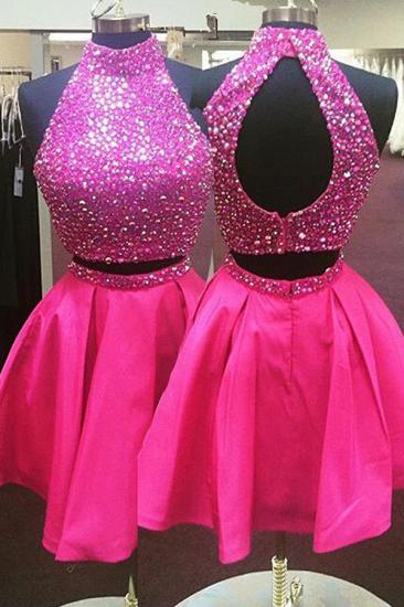 High Collar Two Piece Homecoming Dresses with Beading Latest Open Back Short Cocktail Gowns