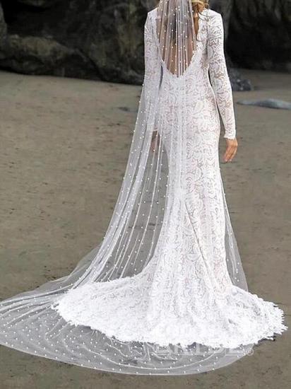 Stilvolles Spitzen-Hochzeitskleid mit V-Ausschnitt und langen Ärmeln, vorne geschlitzte Brautkleider mit Schleppe_2