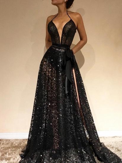 Sexy Sheer Evening Gowns | Halter Slit Prom Dresses with Sash